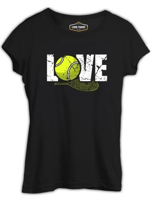 Lord T-Shirt Tenis - Love Raket ve Top Siyah Bayan Tshirt