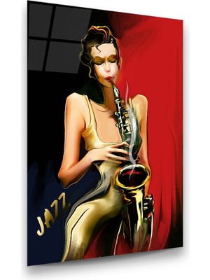 Glass Art Saksafon Çalan Kadın Dikey Cam Tablo