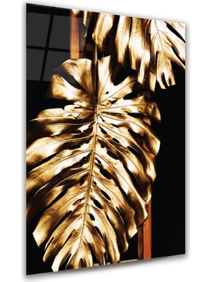 Glass Art Altın Desenli Yaprak Dikey Cam Tablo