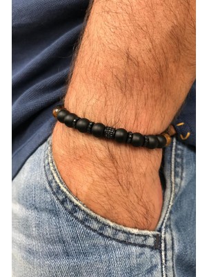 Frnch Mat Siyah Doğal Taşlı Kaplangözü Detaylı Erkek Ayarlanabilir Handmade Bileklik