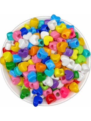 Hedef Bijuteri Geniş Delikli Karışık Renkli Plastik Kalp Model Boncuk,takı,aksesuar Boncuğu (50GR,~80 Adet)