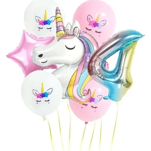 Gökkuşağı Rakam Unicorn Folyo Balon Seti 4 Yaş