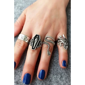 Fildişi Aksesuar Antik Gümüş Kaplama Kertenkele - Yılan - Mumya - Çivi Yazısı Şekilli El Yapımı Ayarlanabilir Yüzük Seti