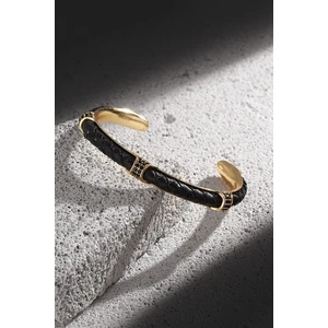 Frnch Zirkon Taşlı Gold Renkli Gerçek Deri Kelepçe Erkek Bileklik FRJ11177-1277-GB