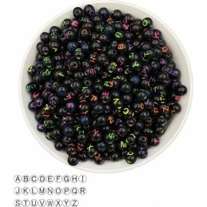 Hedef Bijuteri 50 gr Harf Boncuk, 7mm Yuvarlak Siyah Zemin Üzeri Renkli Top Harf Boncuk (50GR, ~220 Adet)