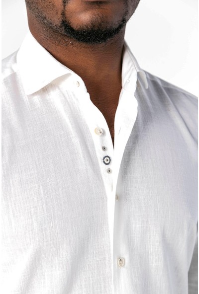 Paşahan Beyaz Keten El Işlemeli Slim Fit Gömlek