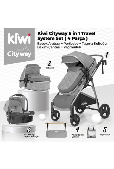 Kiwi 4x4 Yeni Doğan Paketi Cityway Bebek Arabası+Koala Mama Sandalyesi+T-Bag Çanta+Sleeper Beşik