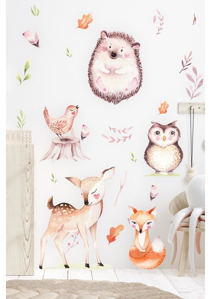 Sevimli Hayvanlar ve Yapraklar Çocuk Bebek Odası Sticker Seti