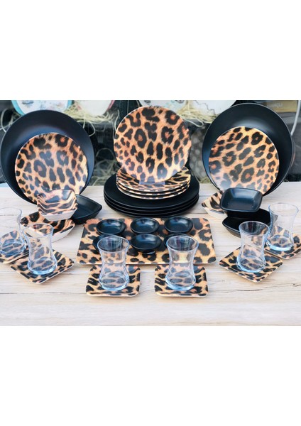 6 Kişilik 37 Parça Leopar Kahvaltı Seti Mat Siyah