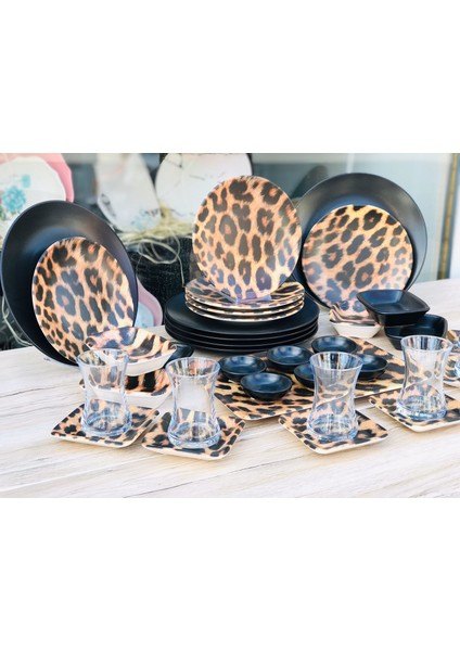 6 Kişilik 37 Parça Leopar Kahvaltı Seti Mat Siyah