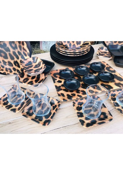 6 Kişilik 37 Parça Leopar Kahvaltı Seti Mat Siyah