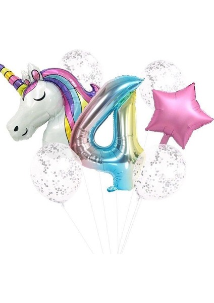 Unicorn Folyo Balon Doğum Günü Seti 4 Yaş
