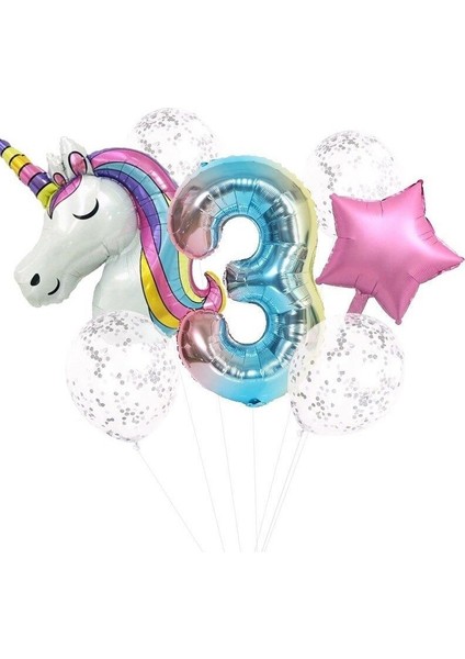 Unicorn Folyo Balon Doğum Günü Seti 3 Yaş
