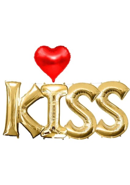 Sevgililer Günü Küçük Gold Kıss Folyo Balon Set 4 Küçük Kırmızı Kalp Folyo Balon