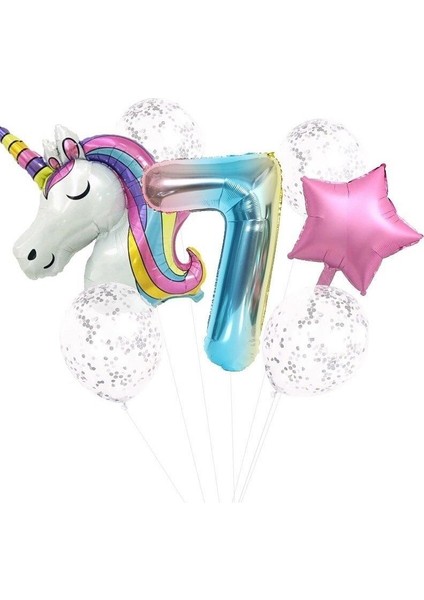 Unicorn Folyo Balon Doğum Günü Seti 7 Yaş