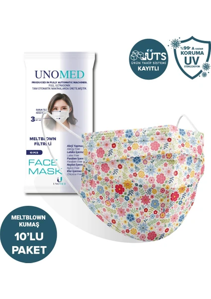 Face Mask Unomed Spring Flowers 3 Katlı Ultrasonik Meltblown Filtreli 10'Lu Cerrahi Maske-Burun Telli