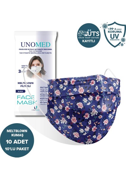 Face Mask Unomed Diana 3 Katlı Ultrasonik Meltblown Filtreli 10'Lu 10paket Cerrahi Maske-Burun Telli