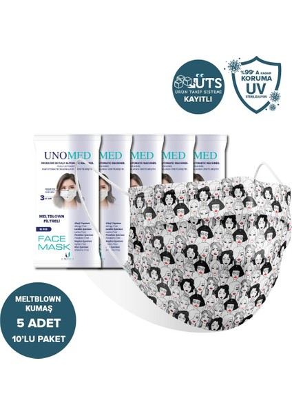 Face Mask Unomed Girls 3 Katlı Ultrasonik Meltblown Filtreli 10'Lu 5paket Cerrahi Maske-Burun Telli