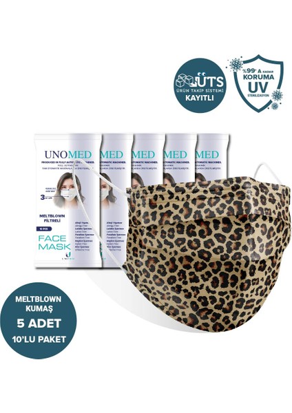 Face Mask Unomed Leopar 3 Katlı Ultrasonik Meltblown Filtreli 10'Lu 5paket Cerrahi Maske-Burun Telli