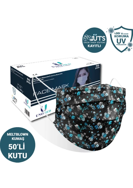 Face Mask Unomed Mavi Sümbül 3 Katlı Ultrasonik Meltblown Filtreli 50'Li Cerrahi Maske-Burun Telli