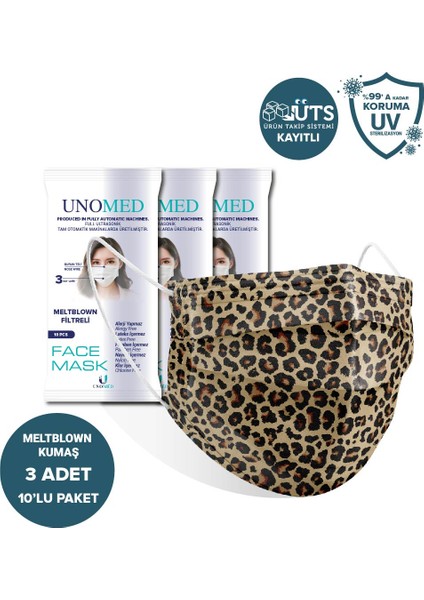 Face Mask Unomed Leopar 3 Katlı Ultrasonik Meltblown Filtreli 10'Lu 3paket Cerrahi Maske-Burun Telli