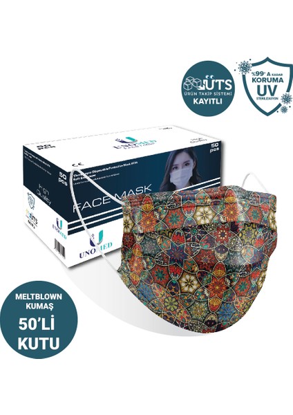 Face Mask Unomed Ottoman 3 Katlı Ultrasonik Meltblown Filtreli 50'Li Cerrahi Maske-Burun Telli