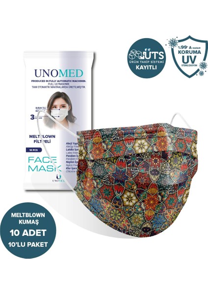 Face Mask Unomed Ottoman 3 Katlı Ultrasonik Meltblown Filtreli 10'Lu 10paket Cerrahi Maske-Burun Telli