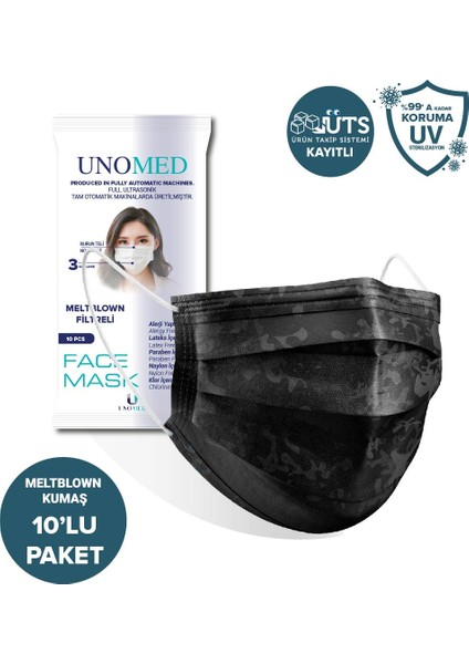 Face Mask Unomed Siyah Kamuflaj 3 Katlı Ultrasonik Meltblown Filtreli 10'Lu Cerrahi Maske-Burun Telli