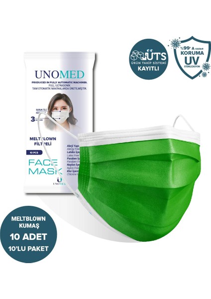 Face Mask Unomed Yeşil 3 Katlı Ultrasonik Meltblown Filtreli 10'Lu 10paket Cerrahi Maske-Burun Telli