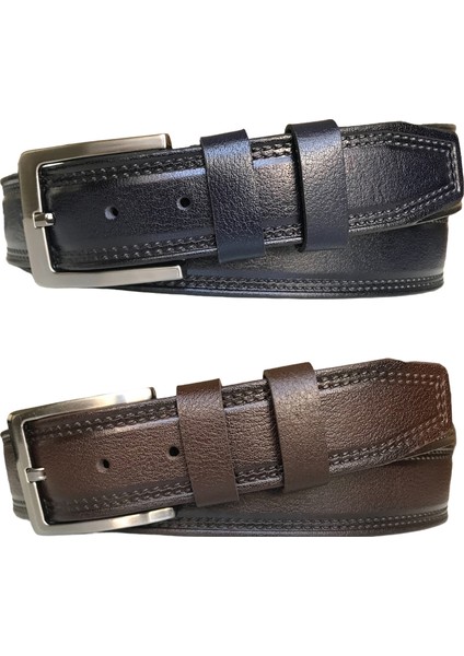 Deri 2'li Set, Desenli Kemer; Kahverengi, Lacivert 4 cm