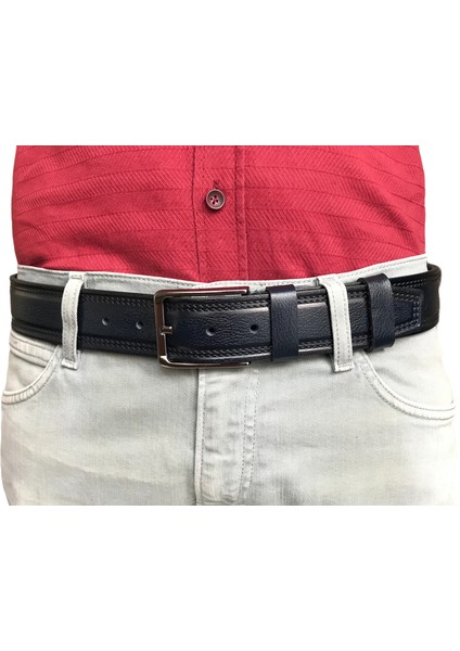Deri 2'li Set, Desenli Kemer; Kahverengi, Lacivert 4 cm