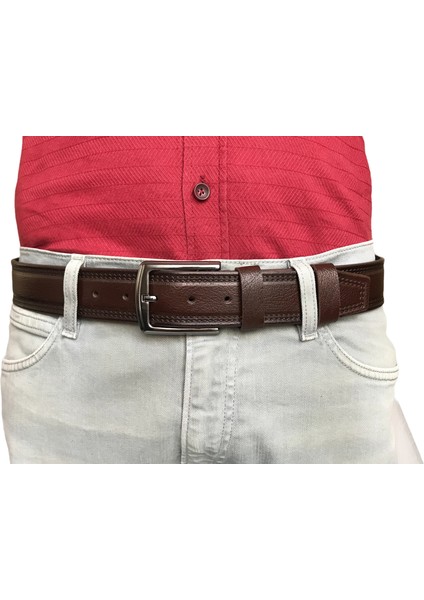Deri 2'li Set, Desenli Kemer; Kahverengi, Lacivert 4 cm