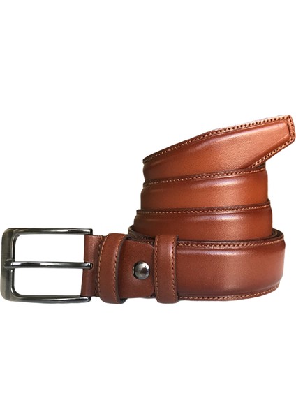 Deri Kenarları Dikişli Taba Klasik Kumaş Pantolon Kemeri 3,5 cm