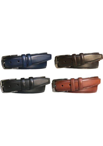 Deri 4'lü Set Klasik Kumaş Pantolon Kemeri; Siyah, Kahve, Lacivert, Taba 3,5 cm