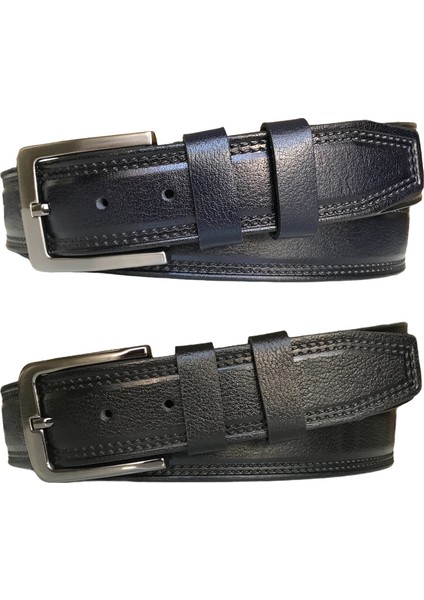 Deri 2'li Set, Desenli Kemer; Siyah, Lacivert 4 cm