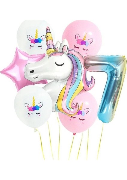 Kingshark Gökkuşağı Rakam Unicorn Folyo Balon Seti 7 Yaş