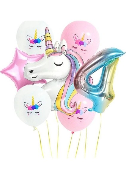 Kingshark Gökkuşağı Rakam Unicorn Folyo Balon Seti 4 Yaş
