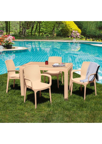 70*120 Rattan Trend Lüx Camlı Masa Takımı 4 Adet Natura Sandalyeli Cappucino