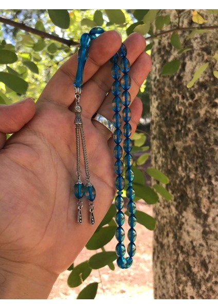 Açık Mavi Tonda Arpa Kesim Toz Kehribar Tesbih