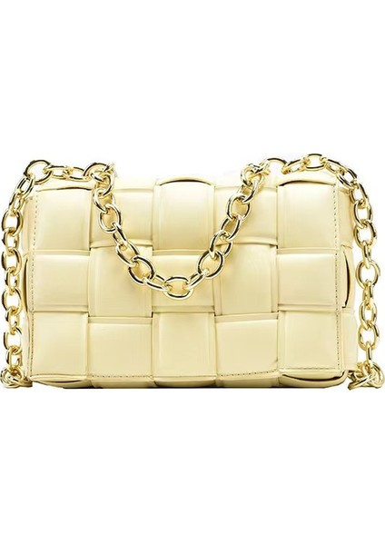 2021 Kadın Crossbody Çanta Örgü Flap Çanta Kadınlar Için Deri Kalın Zincir Omuz Messenger Çanta Kadın Çanta ve Çanta-Açık Sarı