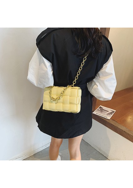 2021 Kadın Crossbody Çanta Örgü Flap Çanta Kadınlar Için Deri Kalın Zincir Omuz Messenger Çanta Kadın Çanta ve Çanta-Açık Sarı fiyatları