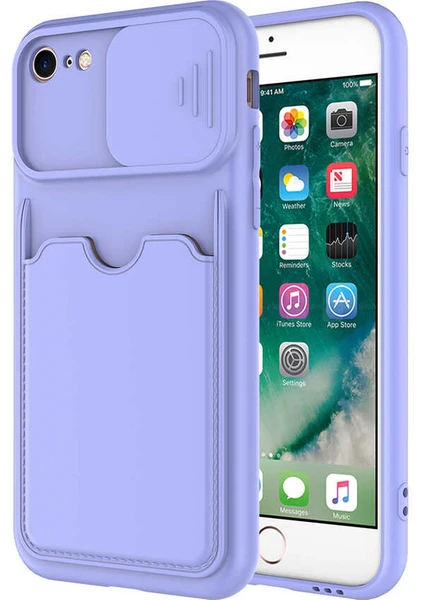 Case World Caseworld Apple iPhone 7 Kapak Lensi Açılır Kapanır Kamera Korumalı Kartvizitli Silikon Kılıf - Lila