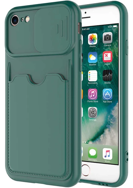 Case World Caseworld Apple iPhone 7 Kapak Lensi Açılır Kapanır Kamera Korumalı Kartvizitli Silikon Kılıf - Koyu Yeşil