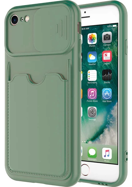 Case World Caseworld Apple iPhone 7 Kapak Lensi Açılır Kapanır Kamera Korumalı Kartvizitli Silikon Kılıf - Açık Yeşil