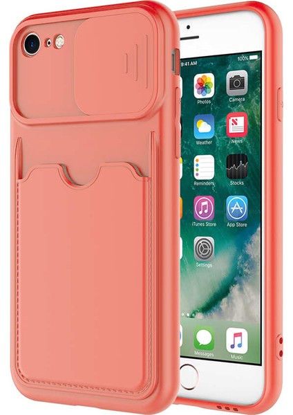 Case World Caseworld Apple iPhone 7 Kapak Lensi Açılır Kapanır Kamera Korumalı Kartvizitli Silikon Kılıf - Turuncu