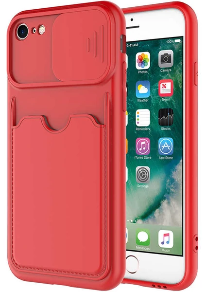 Case World Caseworld Apple iPhone Se 2020 Kapak Lensi Açılır Kapanır Kamera Korumalı Kartvizitli Silikon Kılıf - Kırmızı