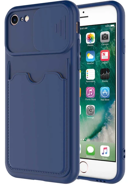 Case World Caseworld Apple iPhone Se 2020 Kapak Lensi Açılır Kapanır Kamera Korumalı Kartvizitli Silikon Kılıf - Lacivert