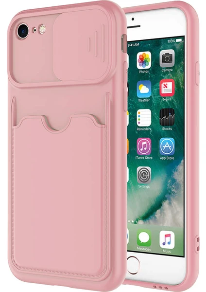 Case World Caseworld Apple iPhone Se 2020 Kapak Lensi Açılır Kapanır Kamera Korumalı Kartvizitli Silikon Kılıf - Pudra