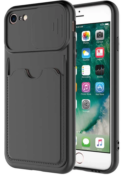 Case World Caseworld Apple iPhone Se 2020 Kapak Lensi Açılır Kapanır Kamera Korumalı Kartvizitli Silikon Kılıf - Siyah