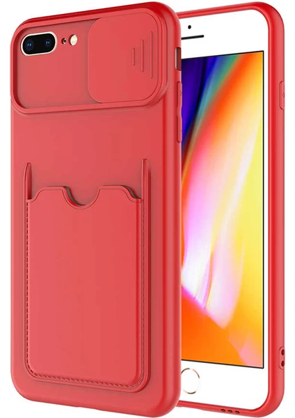 Case World Caseworld Apple iPhone 7 Plus Kapak Lensi Açılır Kapanır Kamera Korumalı Kartvizitli Silikon Kılıf - Kırmızı